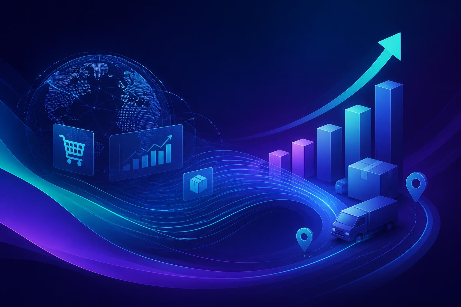 Abstract e-commerce growth visualization with global logistics, analytics charts, and rising trend